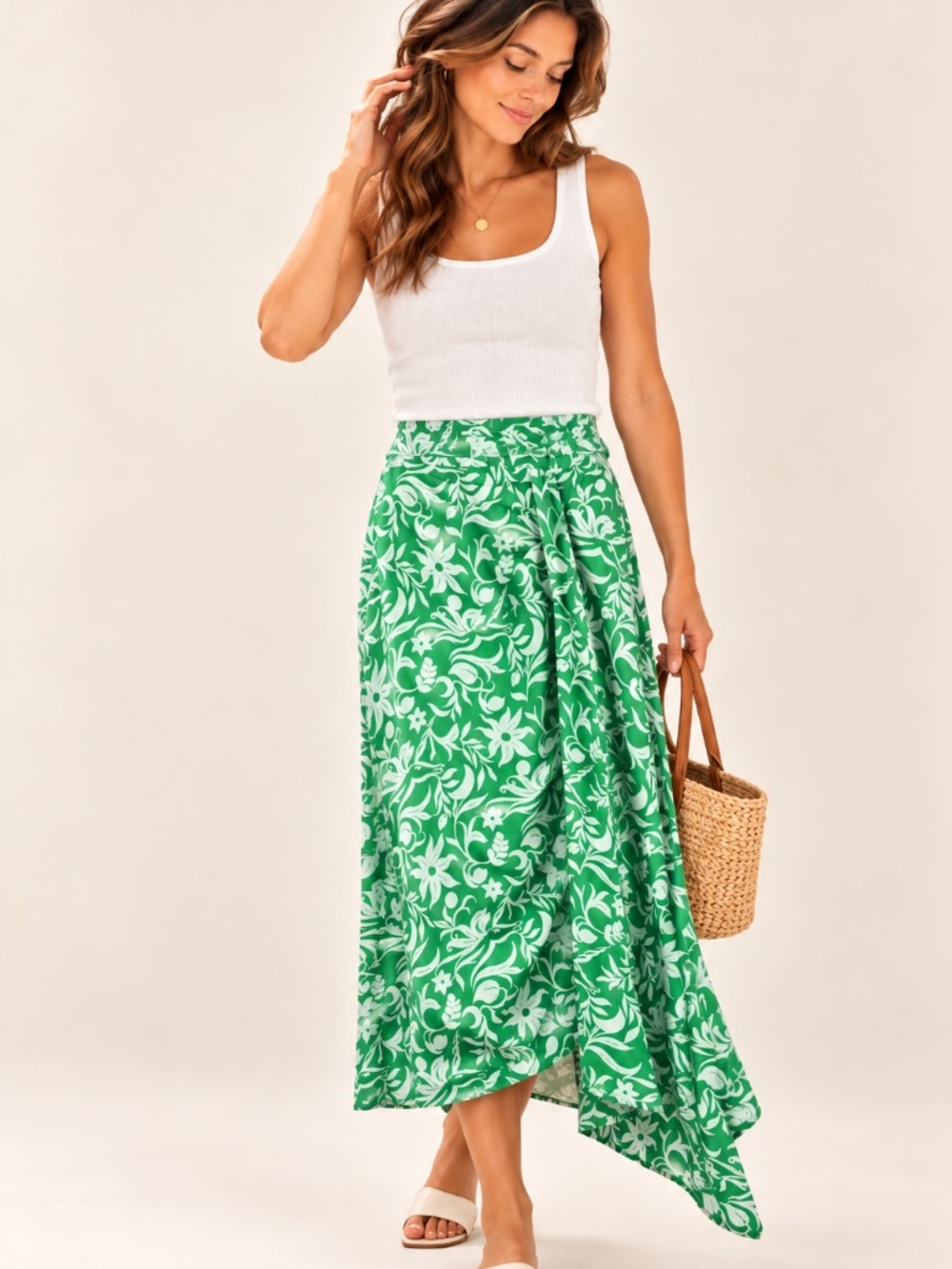 Make Floral Wrap Green White Maxi Skirt High Low Asymmetrical Designer Reort